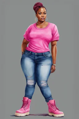 Create a watercolor image of a curvy black female wearing tight cut up jeans and a pink tshirt with timberland boots. Prominent make up with hazel eyes. Highly detail two cornrows going down her head.