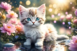gemstone and jewel kitten in a flowergarden with beautiful flowers, pond, in sunshine, anime, watercolor and black in outlines, golden glitter, ethereal, cinematic postprocessing, bokeh, dof
