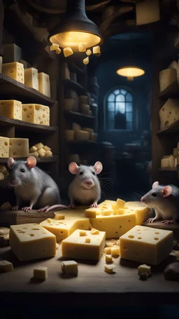 Si-Fi, The permanent under atmospheric lighting effects, a whole tables and shelves filled with all kind of cheese blocks .in the middle two rats are eating, intricate historical moody atmosphere, eerie grimdark ambiance, complex motherboard accents, speculative fiction art. Bokeh