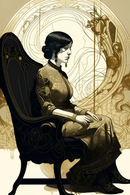 a drawing of a woman sitting on a chair, an ultrafine detailed painting by Petros Afshar, behance contest winner, figurativism, art on instagram, art deco, biomorphic
