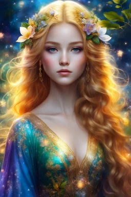 Halfbody Gorgeous adorable photography realistic, beautiful fantasy art, colorful, vibrant colors, high detailed, high quality, 8k. She was a pretty young girl with flowing golden hair, wearing a full dress with a colorful jasmine flower pattern. She lived in a magical world, where the nights were glowing with stars and fireflies.