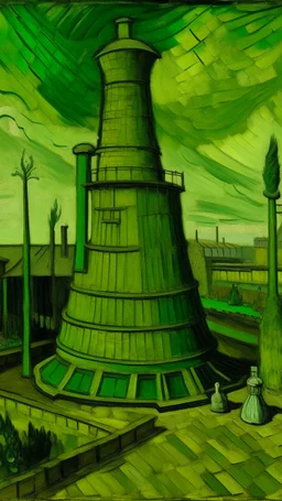 An olive green toxic nuclear plant painted by Vincent van Gogh