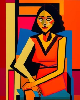 painting of a tired woman sitting on a chair, cubist vibe, sleeveless, oilpaint, variations around female, scarlet and orange blast color dynamics, 1970s philippines, family portrait,centre composition, viet aspect