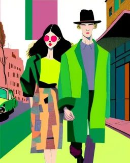 whimsical arafed nonsense, patchwork vibe, a young woman and a young man are strolling down a rainy whimsical downtown street with their arms linked, (((exaggerated body parts))), (((oversize head))), sharp color contrasts, amazing shadows, (((exaggerated limbs and head))), minimal cozy, warm palette, bright bold warm summer green yellow orange black colors, color leak, heavily distorted views, amazing parallels