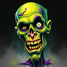 Airbrushed caricature of a horrific zombie, neon green and yellow with purple on black background