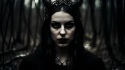 "A woman" with an "evil" face Satanic mysterious, in the middle of the forest, winter, dark