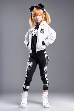 a cute full body shot of anime adult lady wearing hip hop dance clothes standing