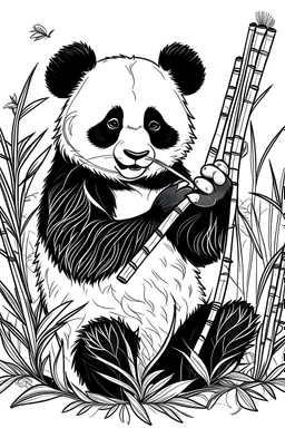 Showcase a playful panda, against a bamboo backdrop, clean line art, white background, no shadows, black and white coloring book.
