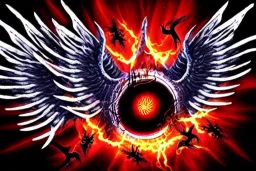 wings, freaky crazy evil eye with wings, laughing, flying, satan wings, dark, terror, horror