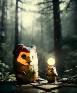 Wes Anderson photographer, night forest, Ultra realistic matryoshka, Japanese style, wide angle view, magic, fireflies, soft color, highly detailed, unreal engine 5, ray tracing, RTX, lumen lighting, ultra detail, volumetric lighting, 3d, finely drawn, high definition.