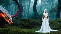 whole body image of beautiful Daenerys Targaryen in a mystical enchanted forest standing next to a dragon, HD 8K, sharp detail, hyperrealistic photo accurate face and features, cinematic lighting