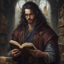 fantasy dnd scholar 40 year old male holding books wearing eye glasses thin body havent eat in a week dirty from travelling the road long dark hair