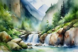 watercolor painting mountain view with waterfall by MICHAL JASIEWICZ