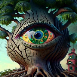 A huge eyeball growing in a giant tree, surrealism, weird plants, whimsical Modifiers: trending on Artstation highly detailed elegant fantasy photorealistic high detail hyperrealistic 4K 3D colourful Jacek Yerka Gothic SALVADOR DALI dreamlike Surrealism H.R. Giger Hieronymus Bosch heavy metal whimsical Moebius