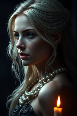 Portrait of a warrior woman, blue eyes, light blonde hair, dove symbol, dark, candlelight, glow, queen, side view, evil, dark, pearls around neck,