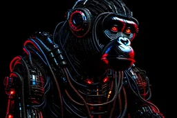 full view of a realistic cyberpunk style geometric robotic gorilla in 3/4 view wearing rectangular goggles and a high tech cybersuit with various wires lights and doodads made of reflective black plastic rusted metal and refuse looking up into the sky in harsh high contrast lighting from the top right