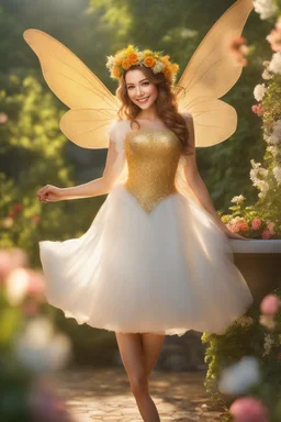 A hyper-realistic photo, smiling fairy lady in a garden ,Sun Light, Shiny Simple White Costumei, full portrait, glamorous, 64K, hyperrealistic, vivid colors, (glow effects:1.2) , 4K ultra detail, , real photo, Realistic Elements, Captured In Infinite Ultra-High-Definition Image Quality And Rendering, Hyperrealism, real world, in real life, realism, HD Quality, 8k resolution, , real photo, 8 k