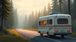 A camping bus at the side of a road, facing towards a cozy forest scenery. Digital art. Cozy. Warm. Cute. Using this colorscheme: "2f383e","374247","4a555b","859289","9da9a0","d3c6aa","e4e1cd","fdf6e3","7fbbb3","d699b6","dbbc7f","83c092","e69875","a7c080","e67e80","eaedc8"