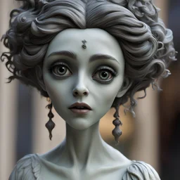 a close up of a statue of a woman, a surrealist sculpture, zbrush central contest winner, gothic art, big eyes with eyelashes, with wild hair and haunted eyes, realistic cute girl painting, corpse bride style, painted with a thin brush, very detailed and beautiful face, photorealistic disney, nicely detailed, face - up, maia sandu hyperrealistic, shot with Sony Alpha a9 Il and Sony FE 200-600mm f/5.6-6.3 G OSS lens, natural ligh, hyper realistic photograph, ultra detailed -ar 1:1 —q 2 -s 75
