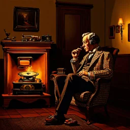 An English gentleman wearing a checkered tweed jacket, wearing slippers, sitting in a wing chair by the burning fireplace, listening to music emanating from an old gramophone, in the background an antique radio receiver standing on a dresser, a bookcase and an oil painting of Queen Victoria, realistic shot, taken indoors In yellowish light, nostalgic atmosphere, 12K