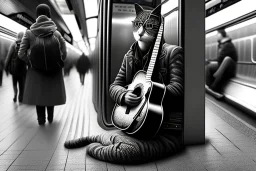 One single mature cat, guitar case, wearing clothes, sitting in the subway, Vienna, friendly, sunny day, model style, hyper realistic, extremely accurate, delicate, extremely detailed, Graphic novel style, wide-angle, open aperture, superfine pencil