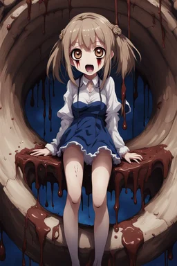 Anime girl with big eyes, darkblue and sepia tones, fullbody, slime, the perspective looking up from the bottom of an empty well, rolling eyes, tongue out, blood drip, open mouth,