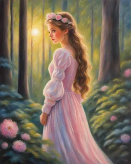 Oil pastel painting of a beautiful girl in a dreamy forest, beautiful portrait painting, Anne Shirley, dress with puffy sleeves, glow, sparkles, oil pastel painting, inspired by Thomas Kinkade, detailed oil pastel painting, beautiful flowers, dream, pretty face, fantasy art, moonlight, young girl, fairy, fine detail, dynamic, colorful oil pastel painting, vibrant painting