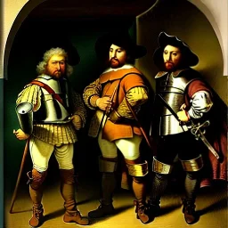 oil portrait of The Three Musketeers with armor by Rembrandt 8k