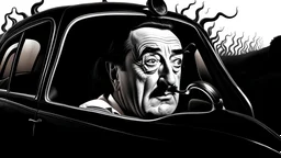 an angry Salvador Dali driving horse shaped surrealist car with eyes, , 4k, sharp edges ,Chiaroscuro, hyper realism, realistic, highly detailed, high contrast black and white, sharp