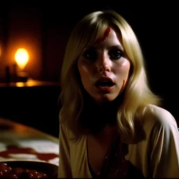 Horror movie shot, hot party, die, ultra realistic, dine, pastel, ultra chaos, realistic hot blonde women, pieces of meat, splops, horn, satan, pieces of organs, hot dynamic, they come, light, 1970's Italian horror movie, sinister, Dario Argento, Stanley Kubrik, ornate, 4k, photorealism