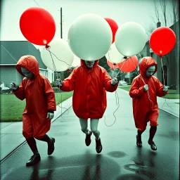 the wacky Lovecraftian balloon anthropomorph procession situationist photography by bobby neel adams, distortion contortionist goober raincoat lunatics from neighborworld, the worm turns in the thinless levitation bonkers situationist photography of the carny other side by kansuke Yamamoto