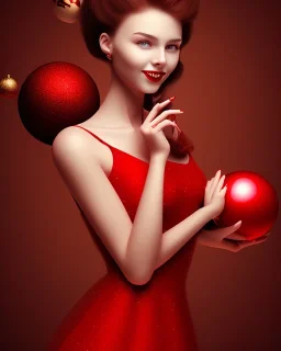 girl in red dress, portrait, Christmas, smiling, red lipstick, brown hair, cute, beautiful