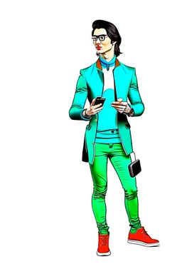 Modern guy, 20s, "holding ipad in left hand", looks like a "renaissance painting look", walking forward, full body, "persian green jacket", blue pants, "right hand pointing to the ground". "Front facing" "forward view" white background