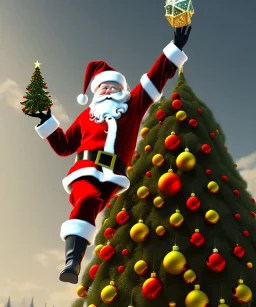 Small Santa Claus hanging from a branch of a giant christmas tree, midjourney style, 8k, photorealistic, cinematic lighting, dramatic, atmosphereric,