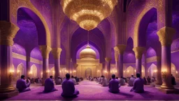 Hyper Realistic Photographic-View of lots of Muslim-Men praying inside a Massively-Huge-Beautifully-Crafted-Purple-&-Golden Wall-Mosque with detailed-pillars & Garland-Light-Decorations-&-Lamps with dramatic-&-Cinematic-Ambiance at night.