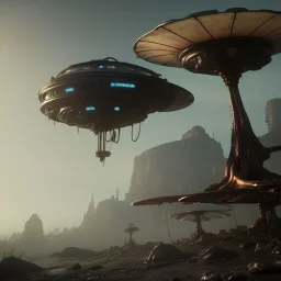 steampunk alien spaceship, 4k, 8k, unreal engine, highly detailed, cinematic, photorealistic, alien landscape