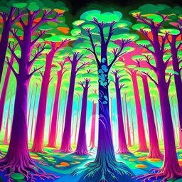 Drawing of a group of trees in the forest, whimsical forest, colorful trees, candy forest, colorful otherworldly trees, bright forest, sitting in a colorful forest, forest colors, psychedelic forest, big magical trees, luminism trees, forest trees, many trees, trees, drawing of Forest, in the forest candy! At night, trees are full
