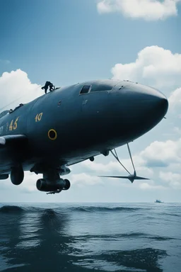 [very impressive high res masterpiece in Kodak Eastman 5247, scene by László Krasznahorkai] a war plane under the ocean, ready to fire