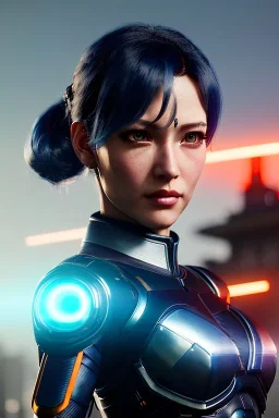 Middle age female Cyborg anime warrior, dark blue hair, gray hair, ponytail hairstyle, orange eyes, waist up portrait,4k resolution, intricate details, ornate details, soft lighting, vibrant colors, retroanime, masterpiece, intricate eyeliner, dark eyeshadow, futuristic cityscape background