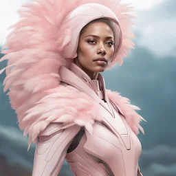 a female, sentient alien with a humanoid body covered in feather-like pastel pink fur