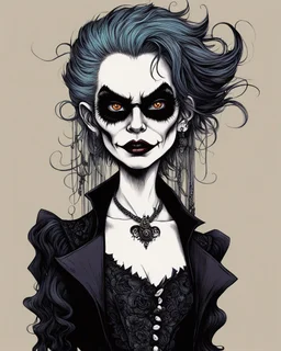 Maurice Sendak, Edward Gorey, and Ralph Steadman style, close up, full body, caricature portrait illustration, of a gothpunk vampire girl, with highly detailed hair and facial features, precisely drawn and inked in vibrant chromatic color