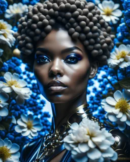 portrait of an ebony female, beautiful face, completely surrounded by hydrangea flowers by karol bak, james jean, tom bagshaw, sharp focus, trending on artstation, cinematic lighting, hyper realism, octane render, 8 k, hyper detailed, photorealistic, gold jewelry, glowing background