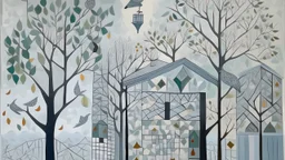 Light gray foggy treetops with birdhouses designed in ancient Greek mosaics painted by Henri Matisse
