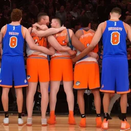 three Australian men kissing in New york Knicks jerseys