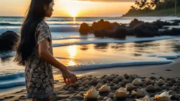 A serene beach at sunset in Bali: an Indonesian woman with long black hair, wearing a batik sarong, walks along the shore, collecting seashells.