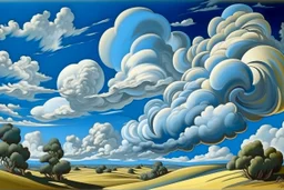 A light palish blue windy sky with clouds painted by Thomas Hart Benton