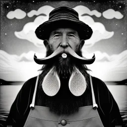pencil Black and white Portrait of old fishermen sitting on a chair ,long beard, smoke coming out of Wooden Tobacco Smoking Pipe ,wearing a bucket hat, Cloudy background ,sunset, fantasy 8k by Van Gogh