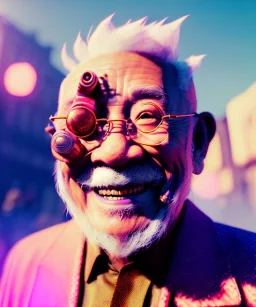 Ultra Realistic photo, medium shot view, drunken sweet dancer old Asian man, carnival scene, monster hair, steampunk style. Red hair, confeti, smile, happy, festival, ovnis, gradient color fog. highly detailed, concept art, unreal engine 5, ray tracing, RTX, lumen lighting, ultra detail, volumetric lighting, 3d, finely drawn, high definition, high resolution.