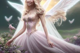 castle in background, beautiful, soft, big smiling, straight and long blonde hair, dewy and shiny atmosphere, diamond crown, long fairy wings in the back, full head, pink veil clothes