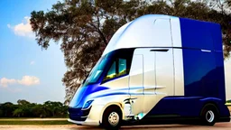 A Tesla semi-truck is parked, at Chichen Itza, in Mexico. CINEMATIC. WIDE ANGLE LENS.